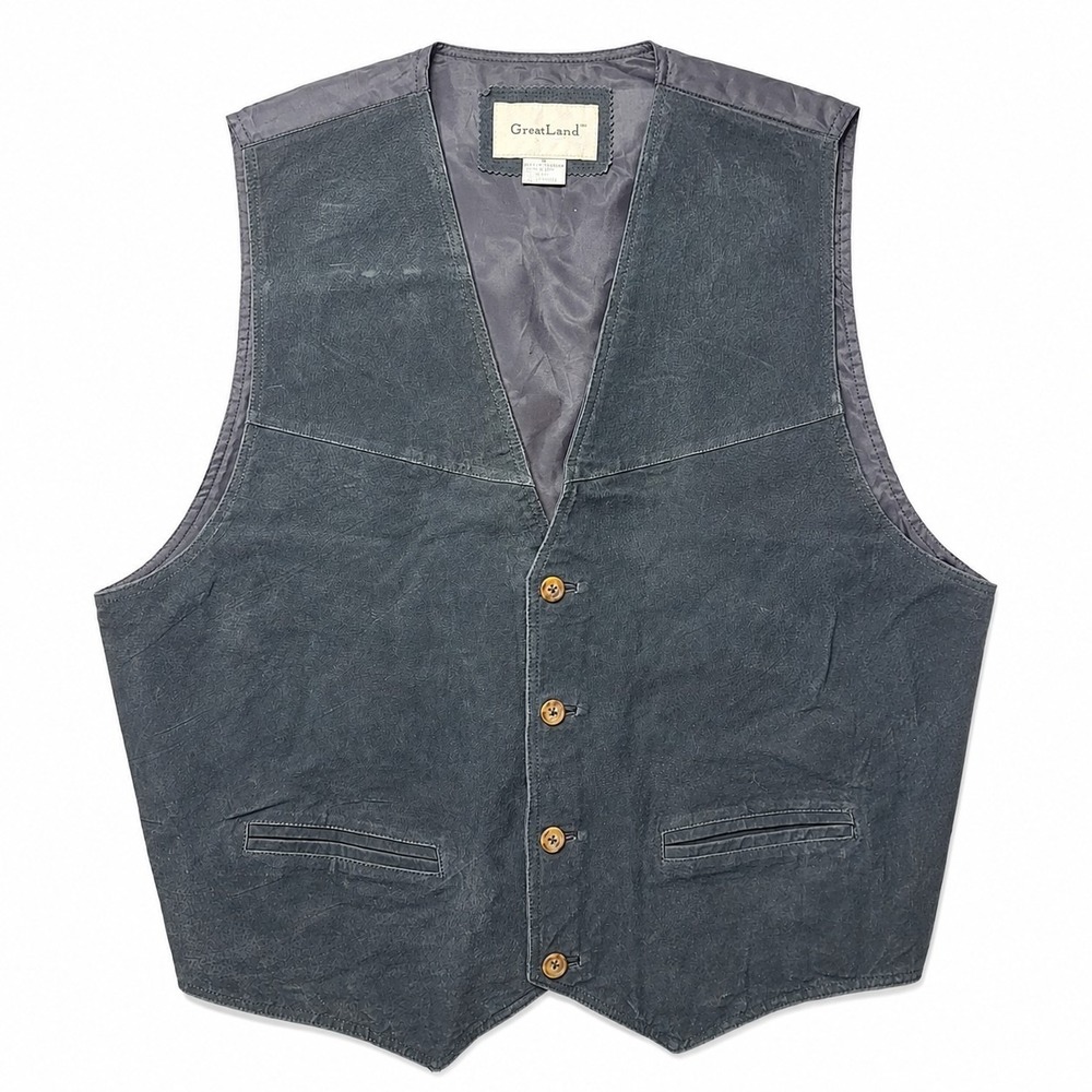Vtg NWT$ GREATLAND 100% Leather Vest Sz XL Black Suede 4-Button Western Cowboy